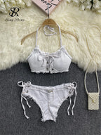 Y2K-Inspired Frayed Denim Halter Bikini Top and Lace-Up Short Set