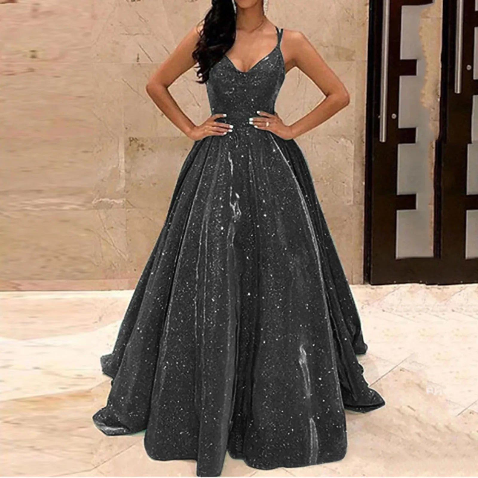 Glitter Finish Maxi Dress With Open Back And Full Movement