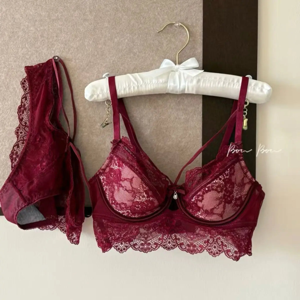 Rich Chocolate Brown Longline Floral Lace Underwire Bra Set