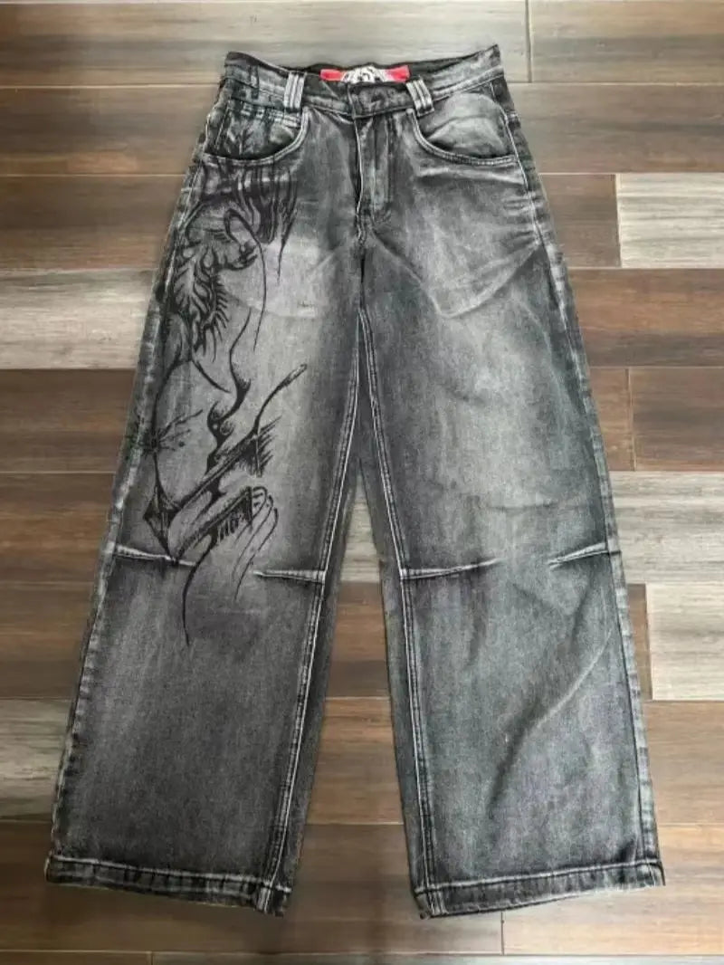 Men's Vintage Washed Wide Leg Denim Jeans with Graphic Artwork and Relaxed Streetwear Fit