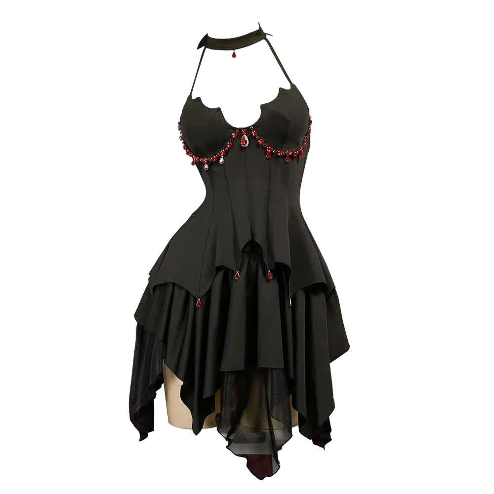 Women's Alternative Asymmetrical Halter Top And Ruffle Skirt Coordinate Set With Matching Accessories