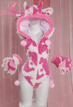 Women's Hooded Plush Romper with Animal Print Pattern, Paw Gloves and Matching Accessories