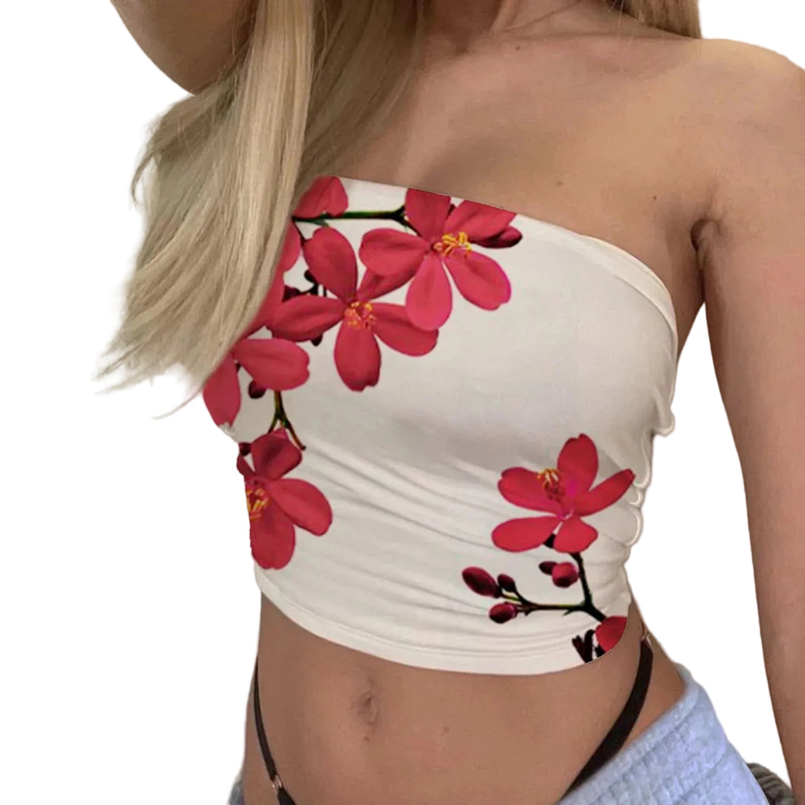 Women's Strapless Floral Print Crop Top with Slim Fit Summer Streetwear Silhouette