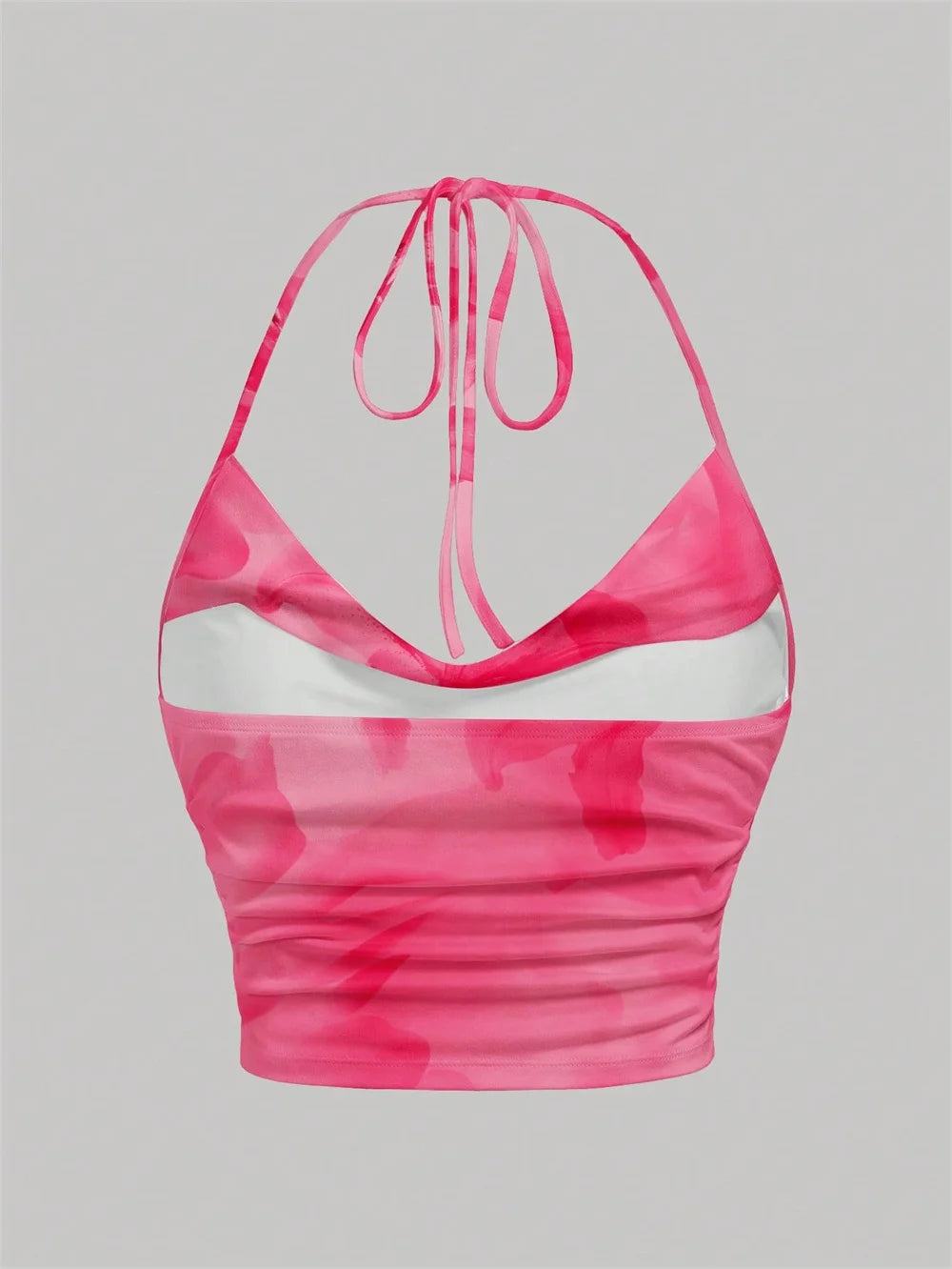 Floral Print Halter Crop Top with Open Back Ruched Streetwear Style