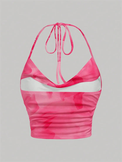 Floral Print Halter Crop Top with Open Back Ruched Streetwear Style