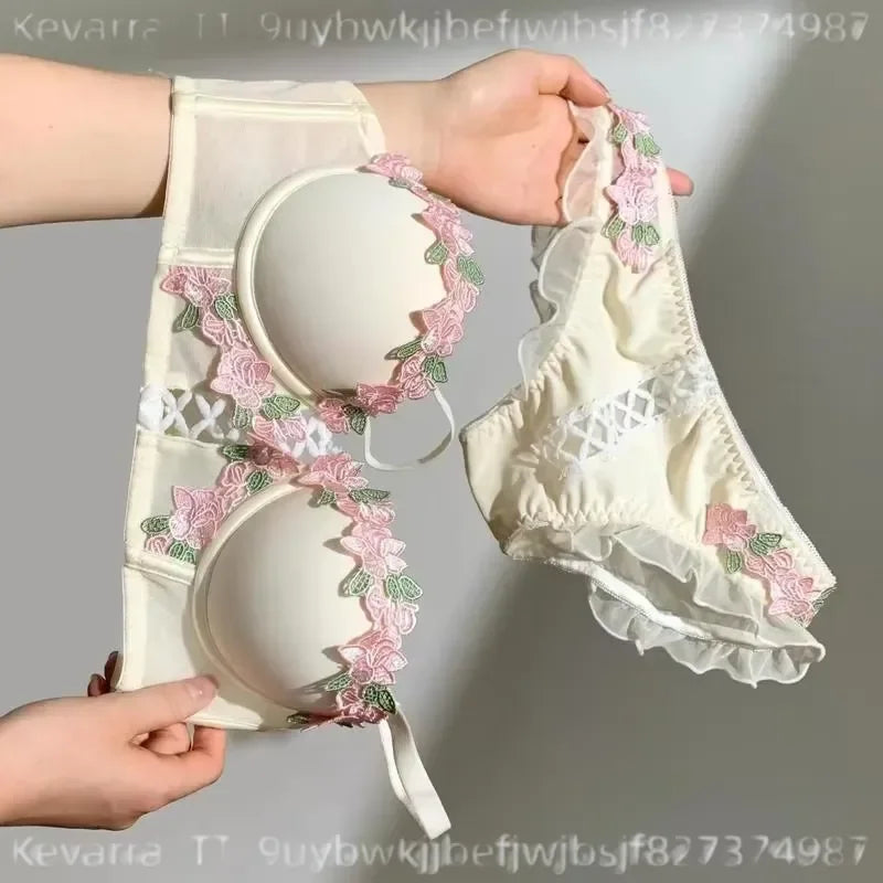 Pastel Floral Embroidered Contour Push-Up Bra and Matching Scalloped Brief Set