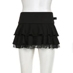 Tiered Lace Trim Bow Detail A-Line Gothic Inspired Mini Skirt