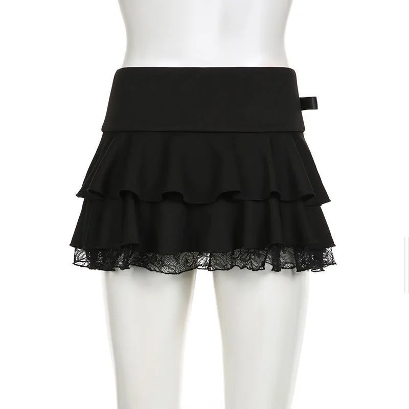 Tiered Lace Trim Bow Detail A-Line Gothic Inspired Mini Skirt