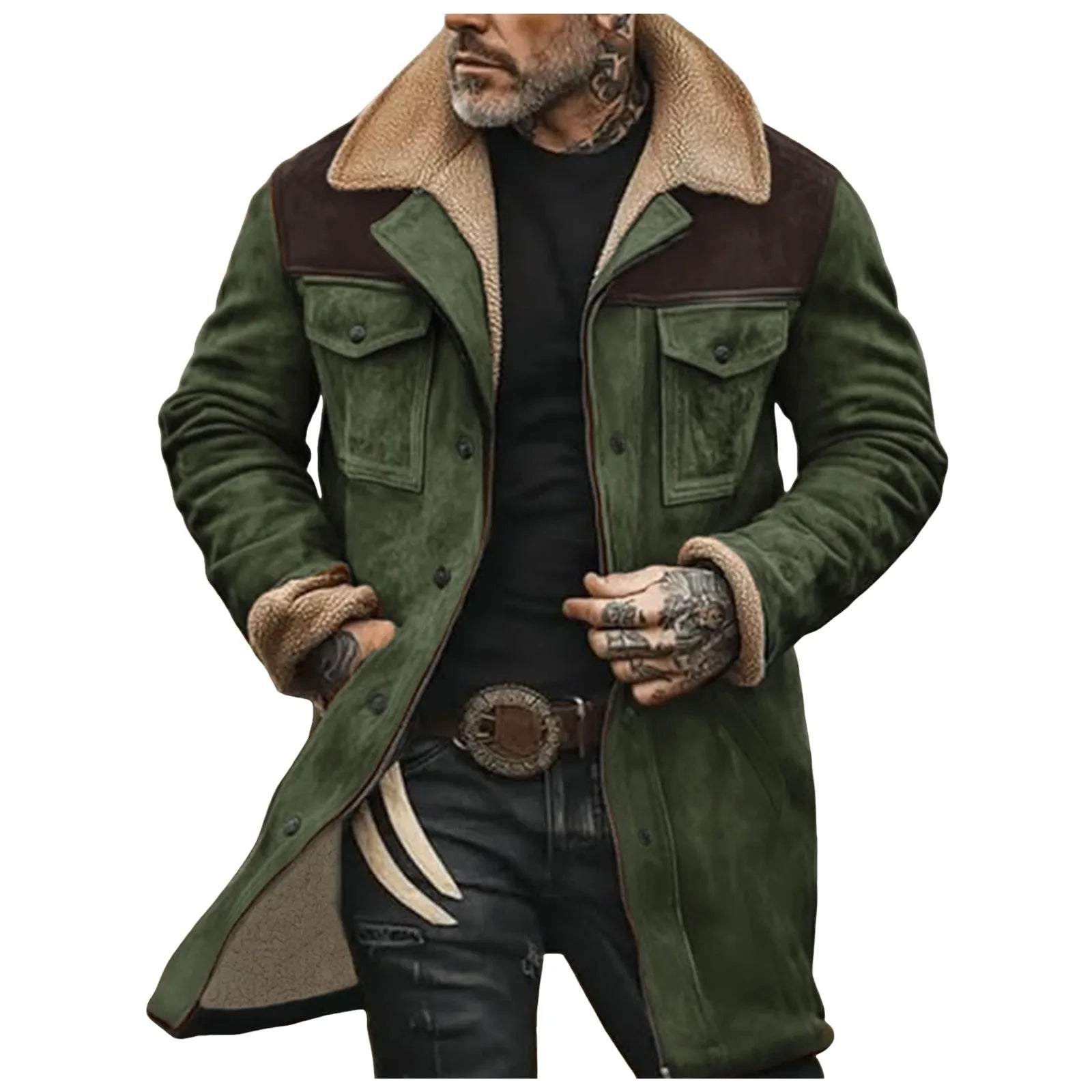 Men's Vintage Faux Suede Utility Jacket with Sherpa Collar and Multi Pocket Design
