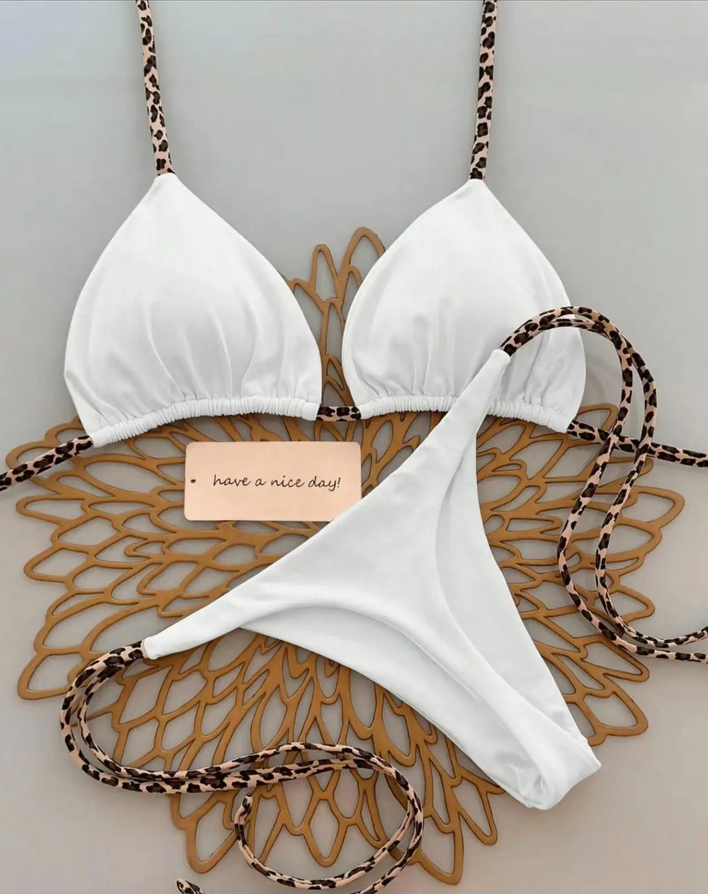 Contrast Leopard Strap Two-Piece Bikini with High-Cut Silhouette