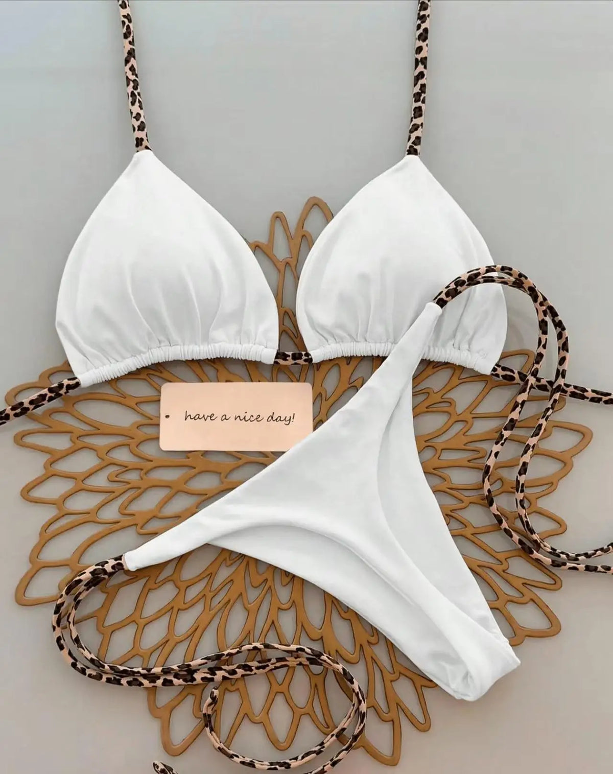 Contrast Leopard Strap Two-Piece Bikini with High-Cut Silhouette