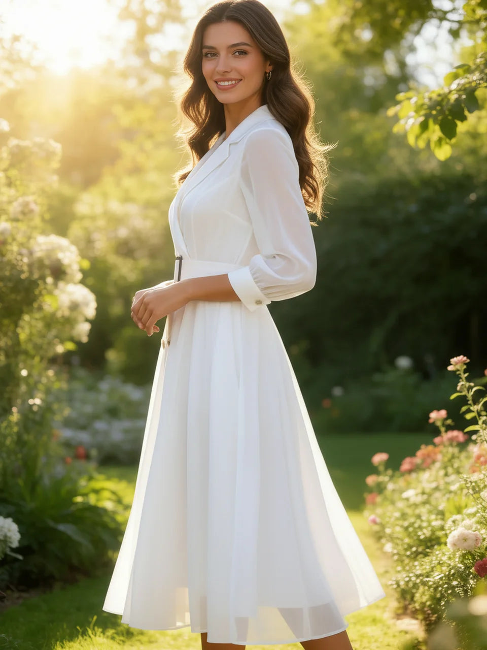 Sophisticated Double-Breasted White Midi Dress with Sheer Sleeves and Buckle Belt