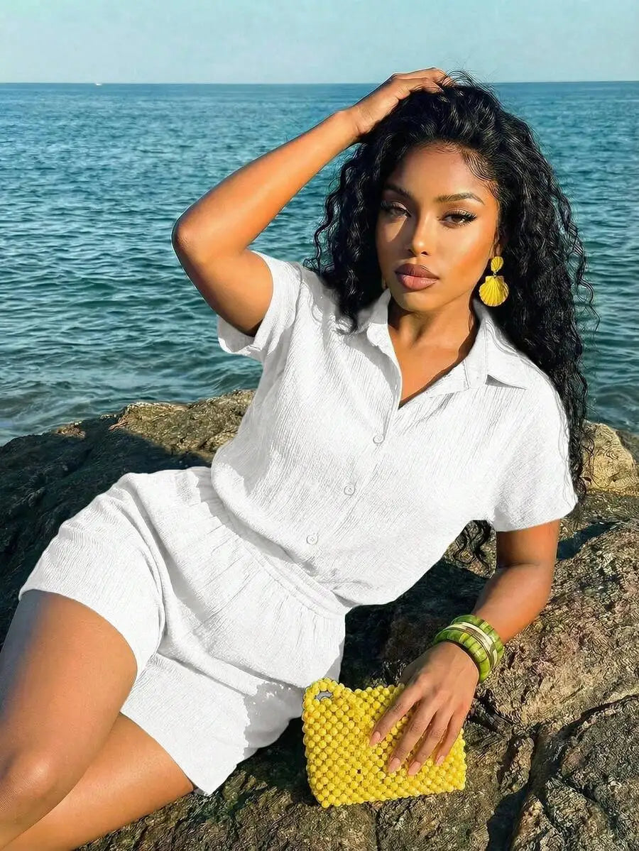 Women's Textured Button Front Shirt and Shorts Co-Ord Set Vacation Outfit