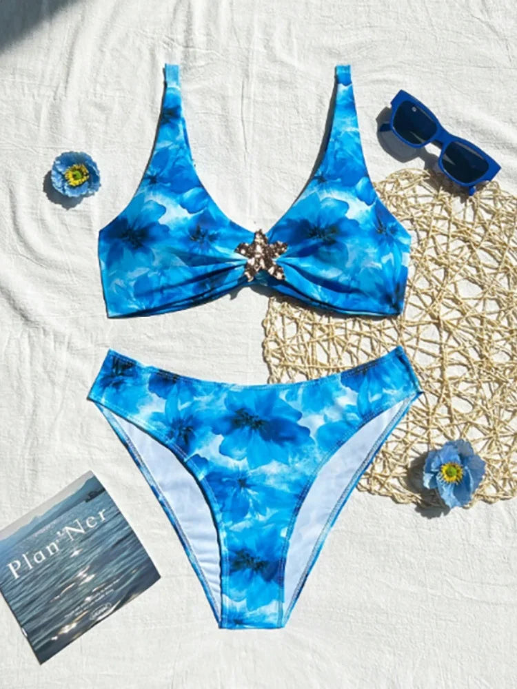 Leopard Print Bikini Set with Metallic Starfish Center Hardware