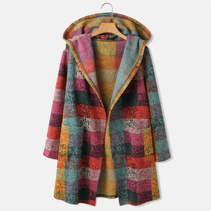 Women's Hooded Plaid Longline Zip Cardigan Jacket with Relaxed Casual Layering Style