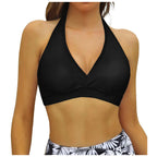 Classic Black Halter Bikini Top with Gathered Front Detailing and Tie-Neck Straps