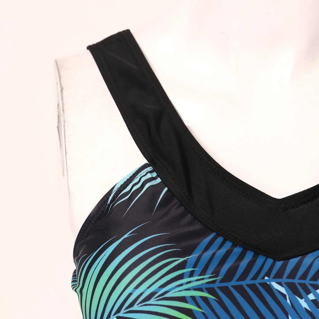 Athletic Halter Tankini Bikini Set with Printed Swim Top, Lace-Up Detail and Matching Mid-Waist Boyshorts