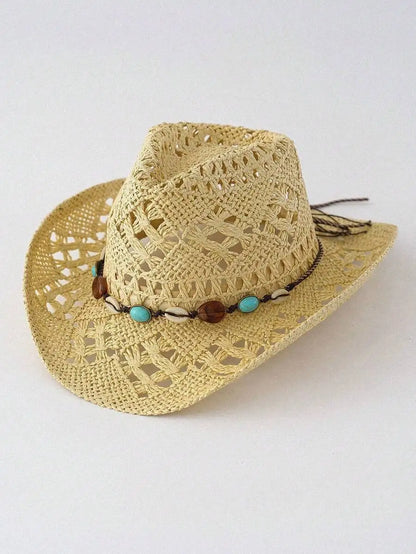 Hollow Woven Straw Cowboy Hat with Decorative Beaded Band for Outdoor Summer Adventures