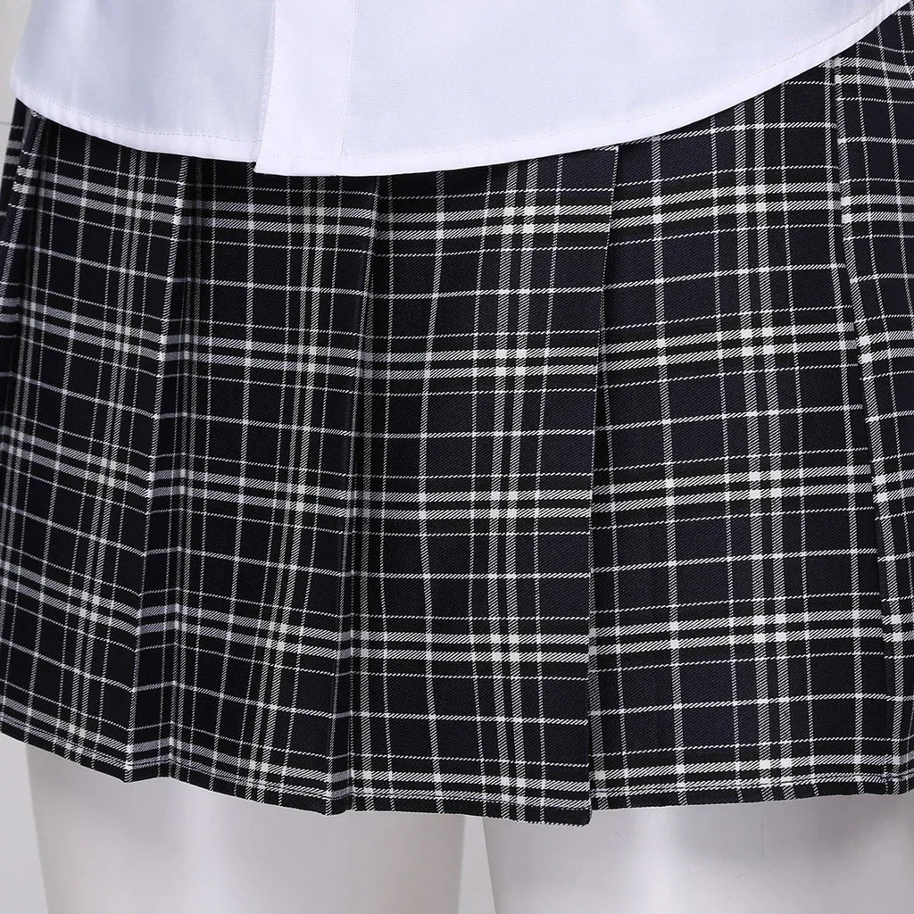 Classic Collegiate Plaid Pleated Skirt and White Button-Up Top Set with Matching Necktie