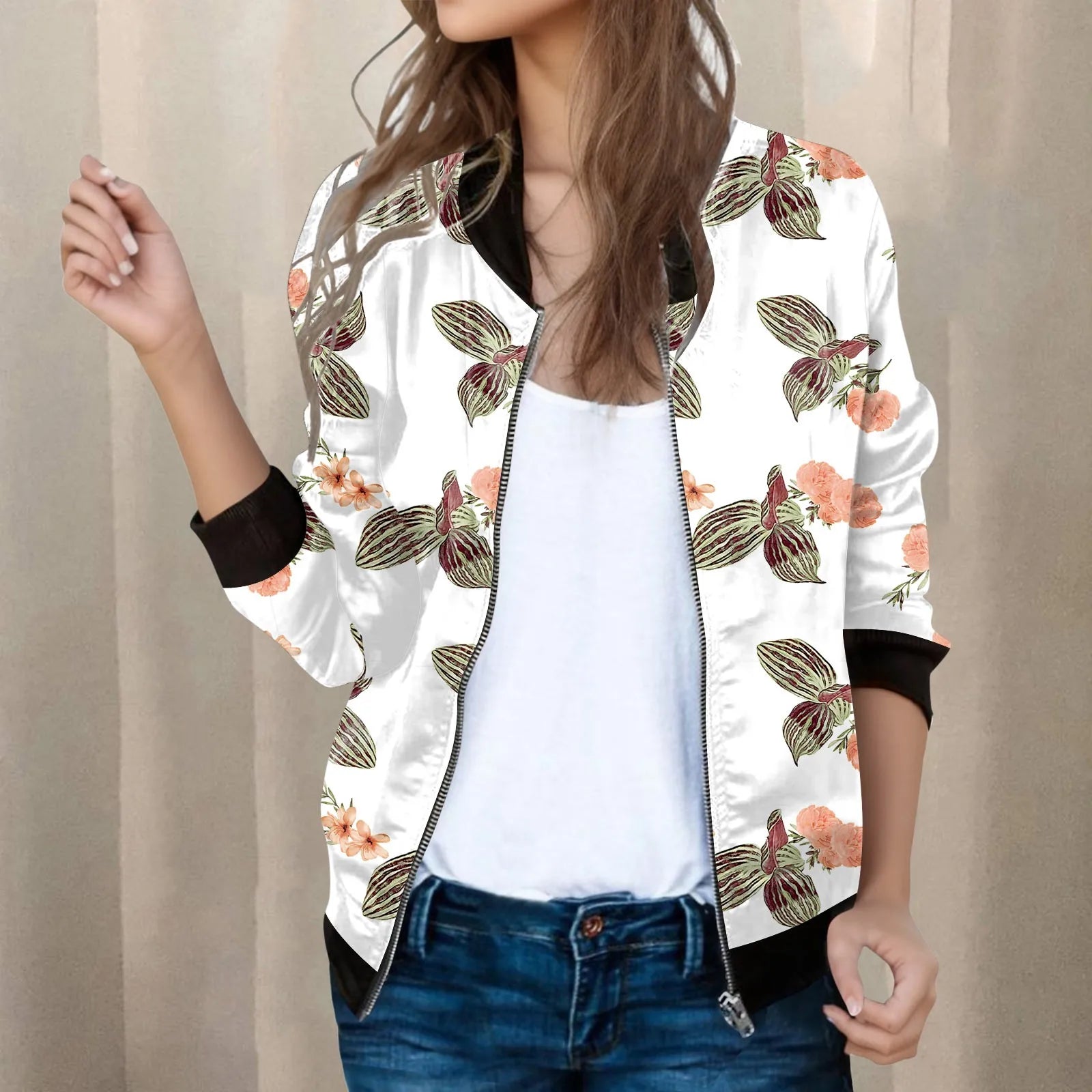 Vintage Inspired Patterned Bomber Jacket with Casual Streetwear Silhouette