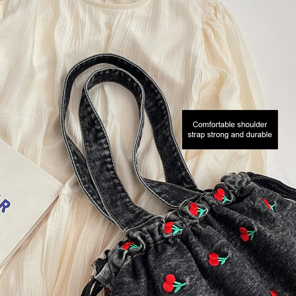 Denim Drawstring Hobo Tote Bag with Embroidered Detail Everyday Carry Design