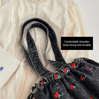 Denim Drawstring Hobo Tote Bag with Embroidered Detail Everyday Carry Design