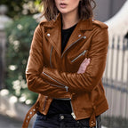 Women's Cropped Faux Leather Moto Jacket with Belted Waist Contemporary Streetwear Style
