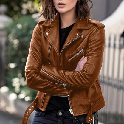 Women's Cropped Faux Leather Moto Jacket with Belted Waist Contemporary Streetwear Style