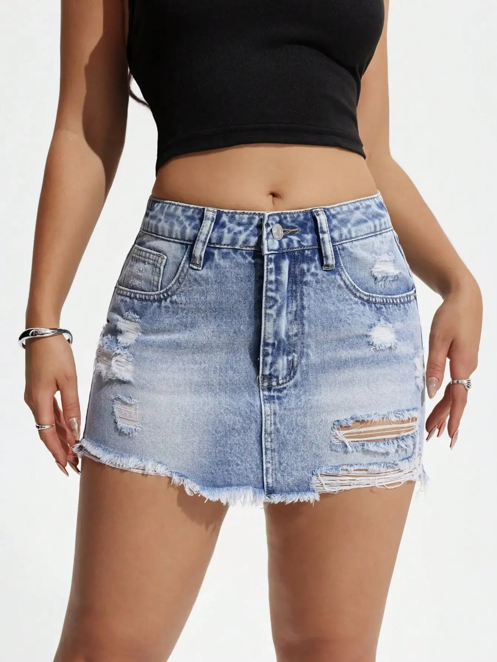 Frayed Hem Distressed Denim Mini Skirt with Pocket Detail Design