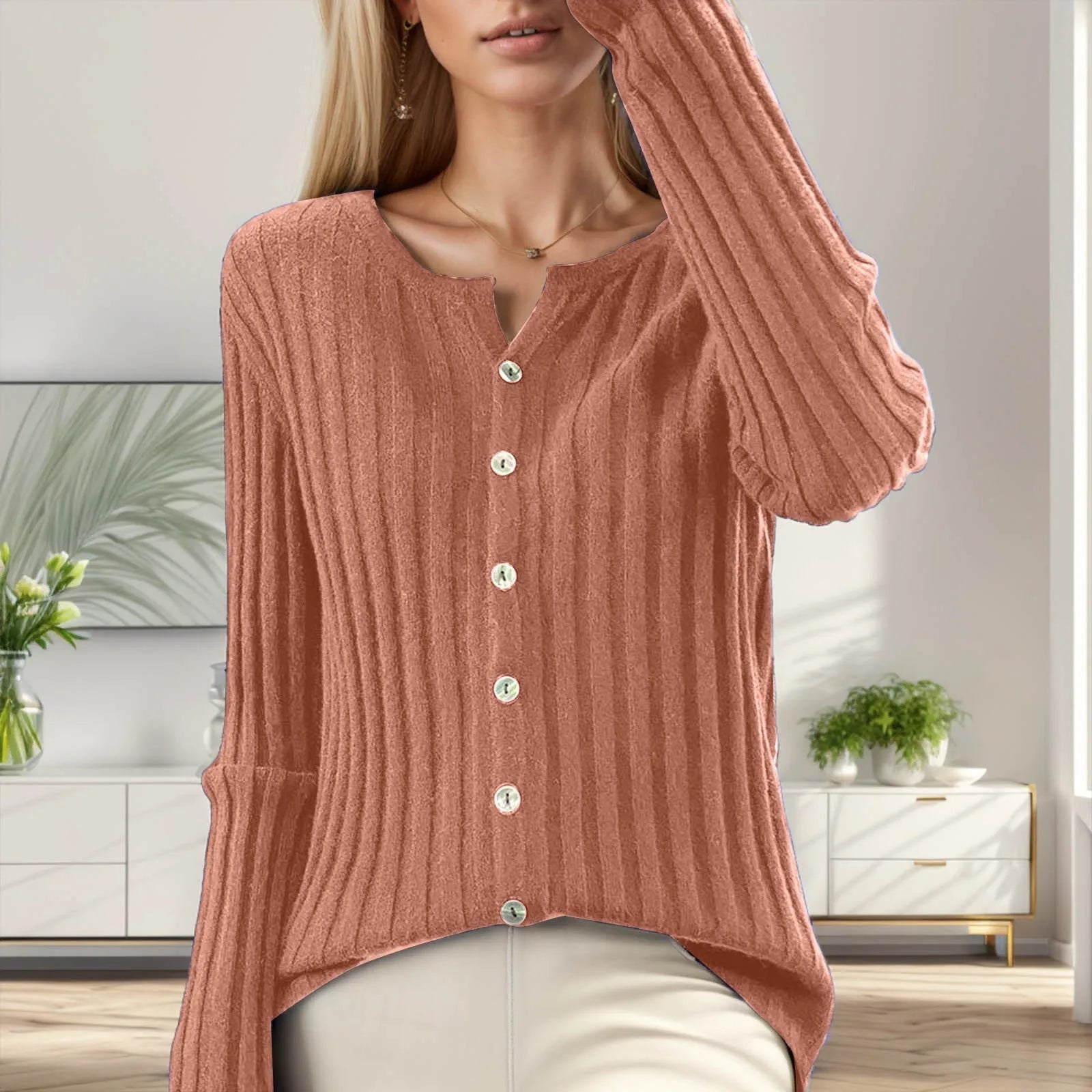 Women's Ribbed Button Front Relaxed Knit Contemporary Sweater Cardigan Top