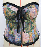 Vibrant Floral Print Front-Zip Corset Top with Black Lace Trim