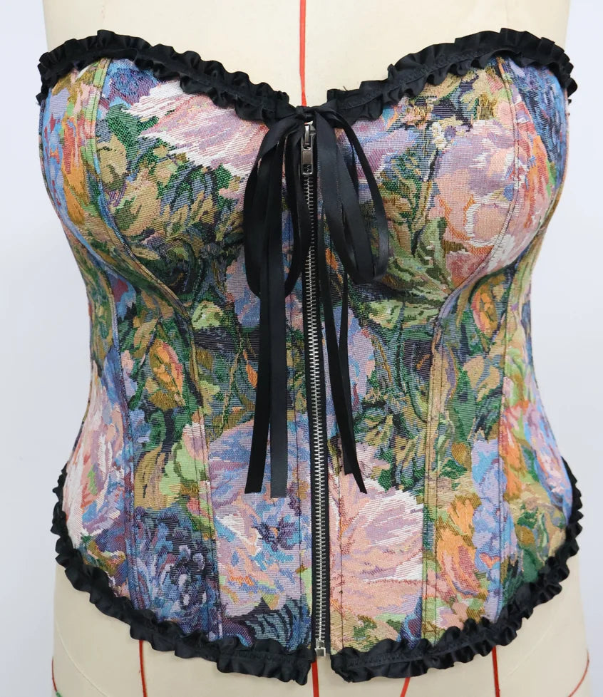 Vibrant Floral Print Front-Zip Corset Top with Black Lace Trim