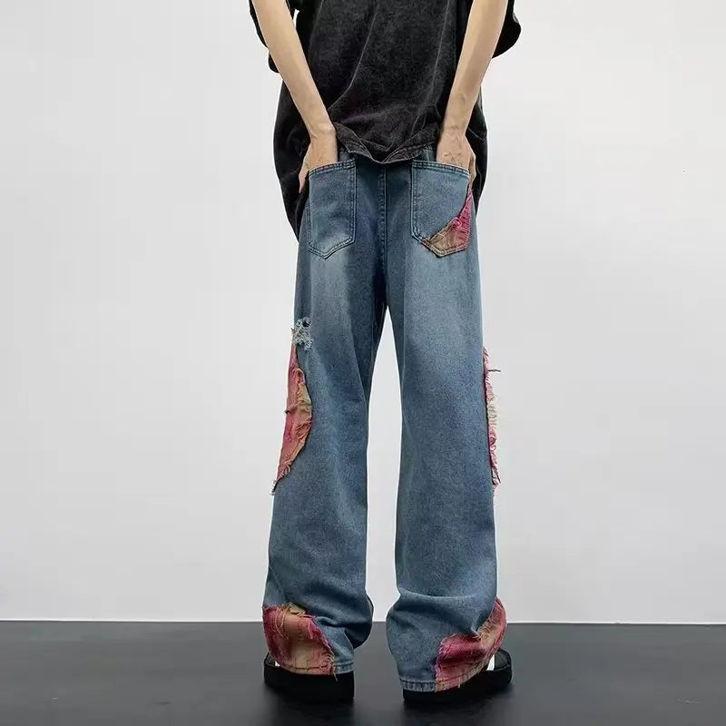 Men's Vintage Wash Flared Denim Jeans with Distressed Patchwork Streetwear Relaxed Fit