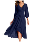 Long Sleeve Wrap Midi Dress with Ruffle Hem and Flowing Chiffon Layers