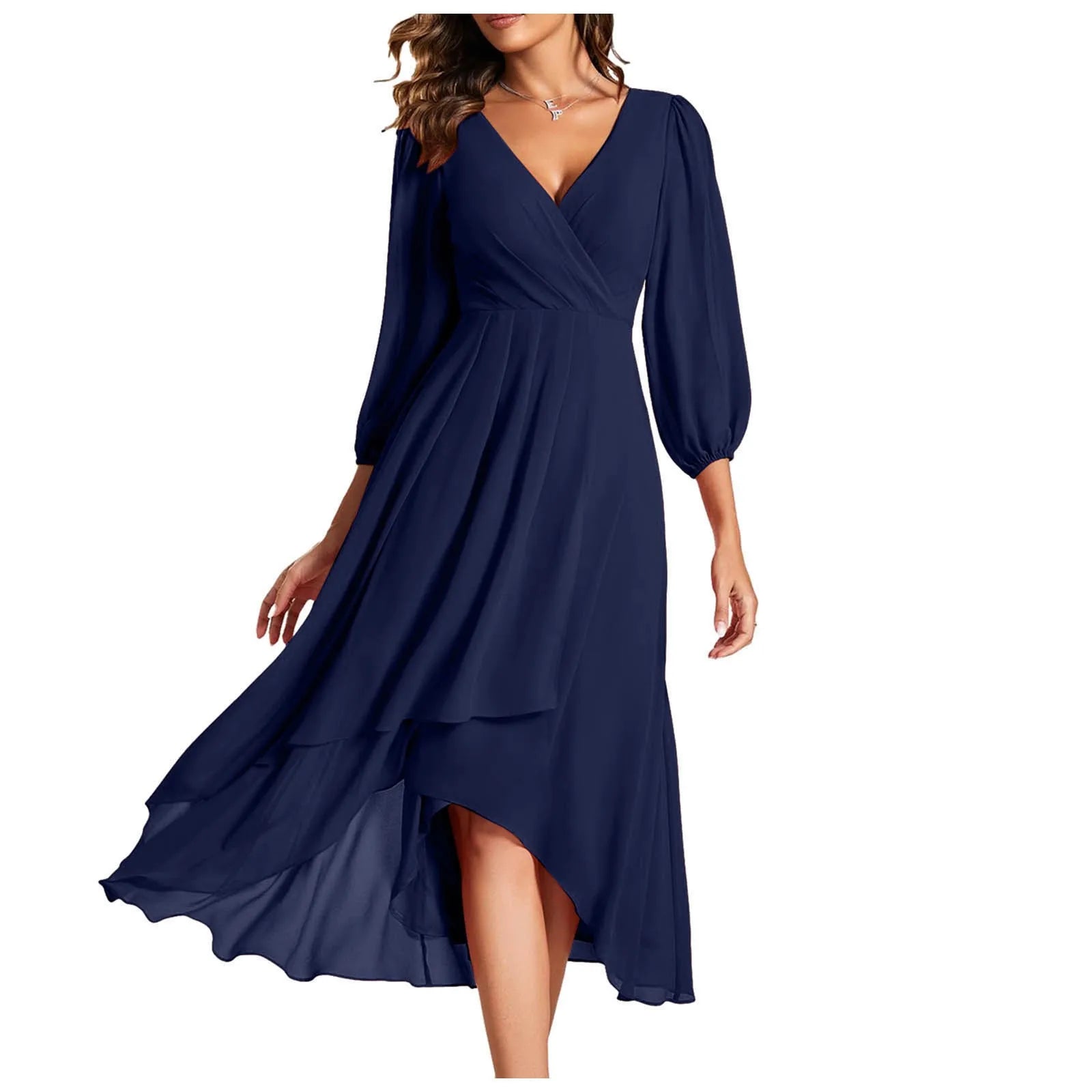 Long Sleeve Wrap Midi Dress with Ruffle Hem and Flowing Chiffon Layers