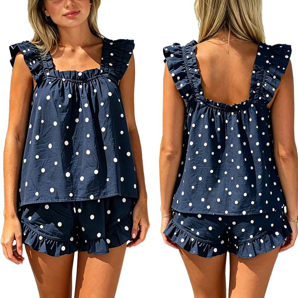 Women's Polka Dot Ruffle Trim Sleeveless Pajama Shorts Set Relaxed Lounge Sleepwear