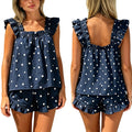 Women's Polka Dot Ruffle Trim Sleeveless Pajama Shorts Set Relaxed Lounge Sleepwear