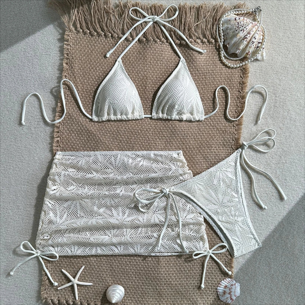 Textured Brown Three-Piece Triangle Bikini Set with Matching Ruched Skirt