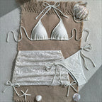 Textured Brown Three-Piece Triangle Bikini Set with Matching Ruched Skirt