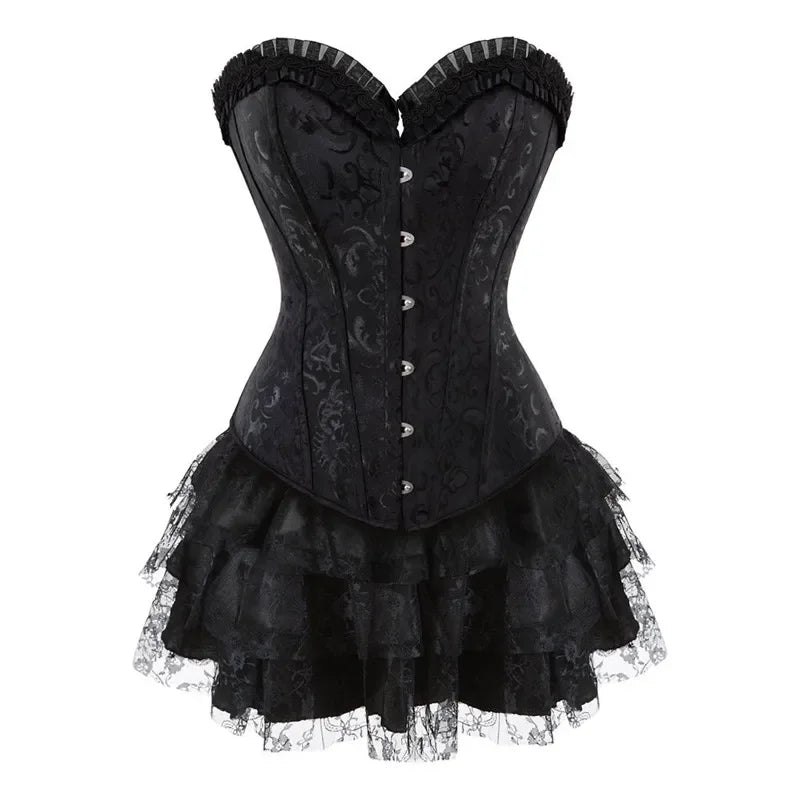 Ruffle Hem Overbust Corset Dress with Lace-Up Front and Layered Skirt
