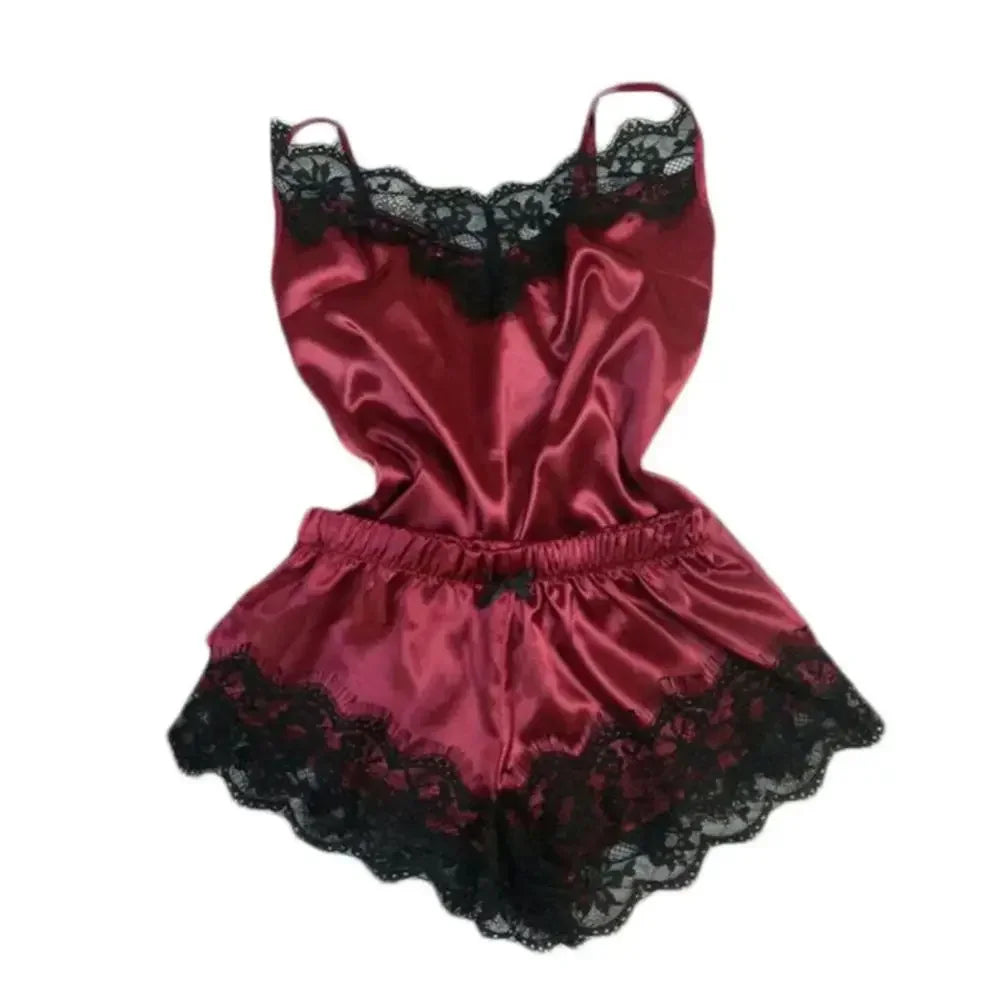 Women's Satin Lace Pajama Set with V-Neck Camisole Top, Matching Shorts, Delicate Lace Trim and Spaghetti Straps