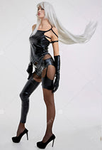 Contemporary High Gloss Strappy Cutout Bodysuit With Matching Over The Knee Statement Hosiery