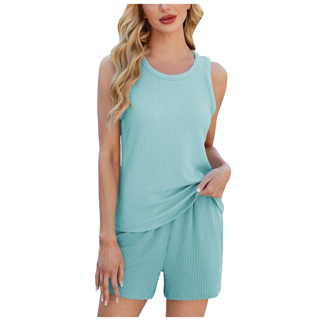 Ribbed Sleeveless Top and Drawstring Shorts Casual Co-Ord Set