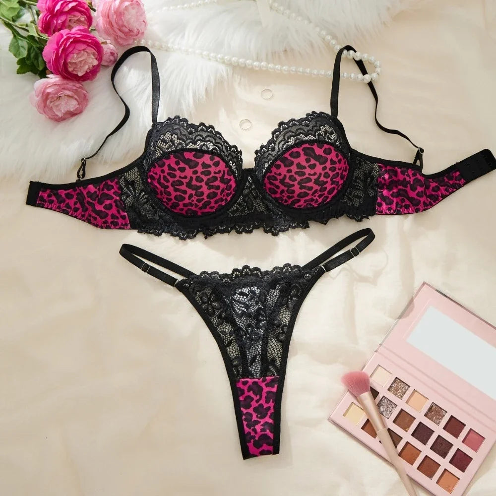 Wild Leopard Print Lace-Trim Demi Push-Up Bra and High-Leg Thong Set