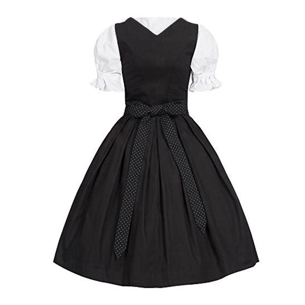 Traditional Bavarian-Inspired Dirndl Dress with Lace-Up Corset Bodice and Puff Sleeves