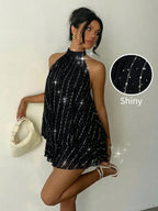Ruched Halter Neck Tiered Mini Dress With Flowy A-Line Party Silhouette