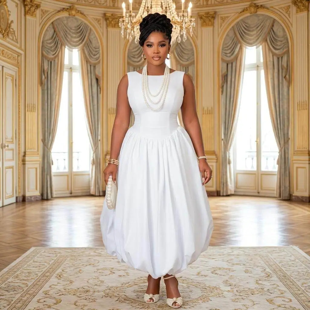 Elegant White Sleeveless Midi Dress with Voluminous Bubble Hem