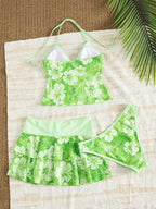 Light Blue Floral Halter Tankini Set with Tiered Ruffle Skirt