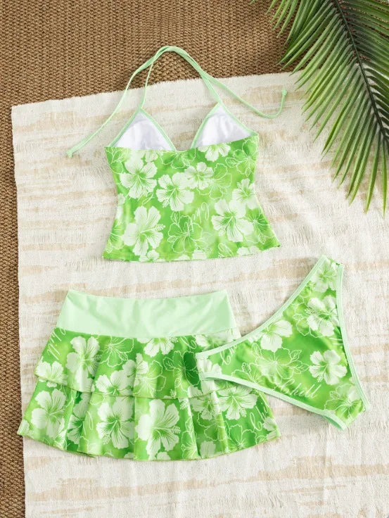Light Blue Floral Halter Tankini Set with Tiered Ruffle Skirt