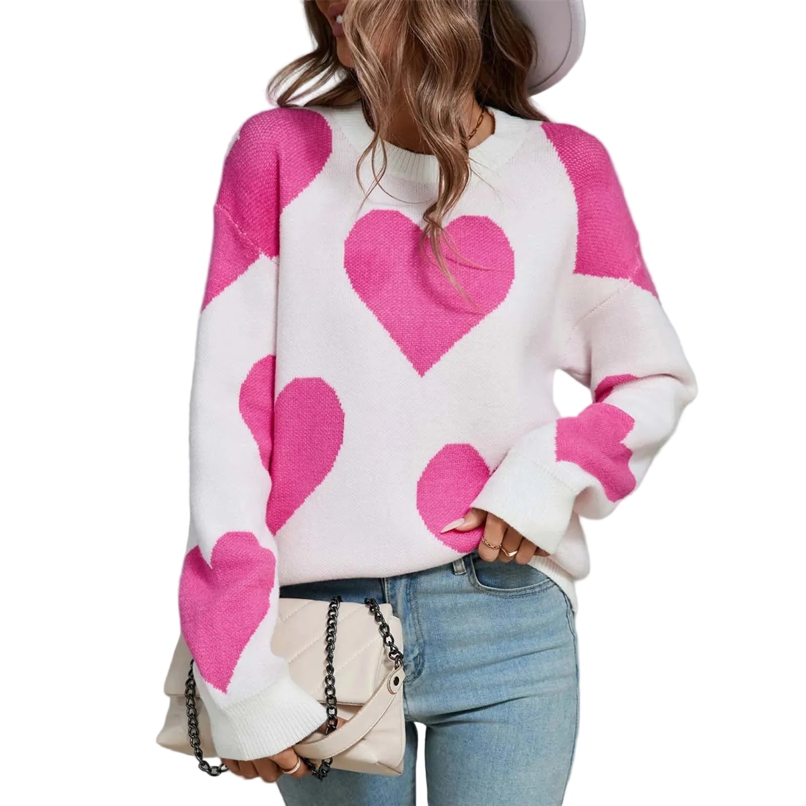 Women's Oversized Heart Pattern Crew Neck Casual Knit Sweater